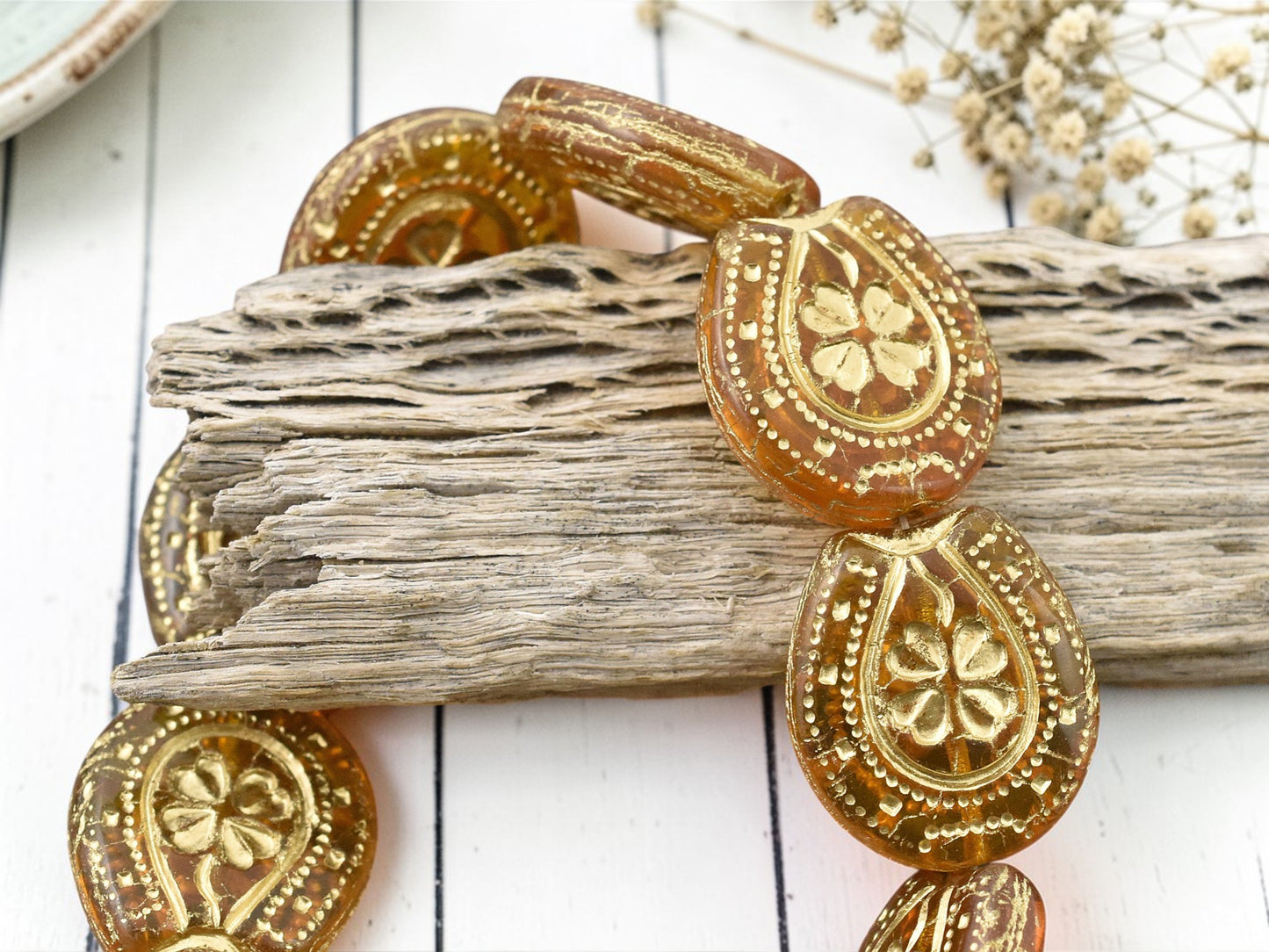 *6* 21x18mm Bronze Washed Translucent Orange Topaz Lucky Horseshoe Beads