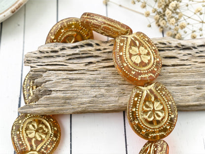 *6* 21x18mm Bronze Washed Translucent Orange Topaz Lucky Horseshoe Beads