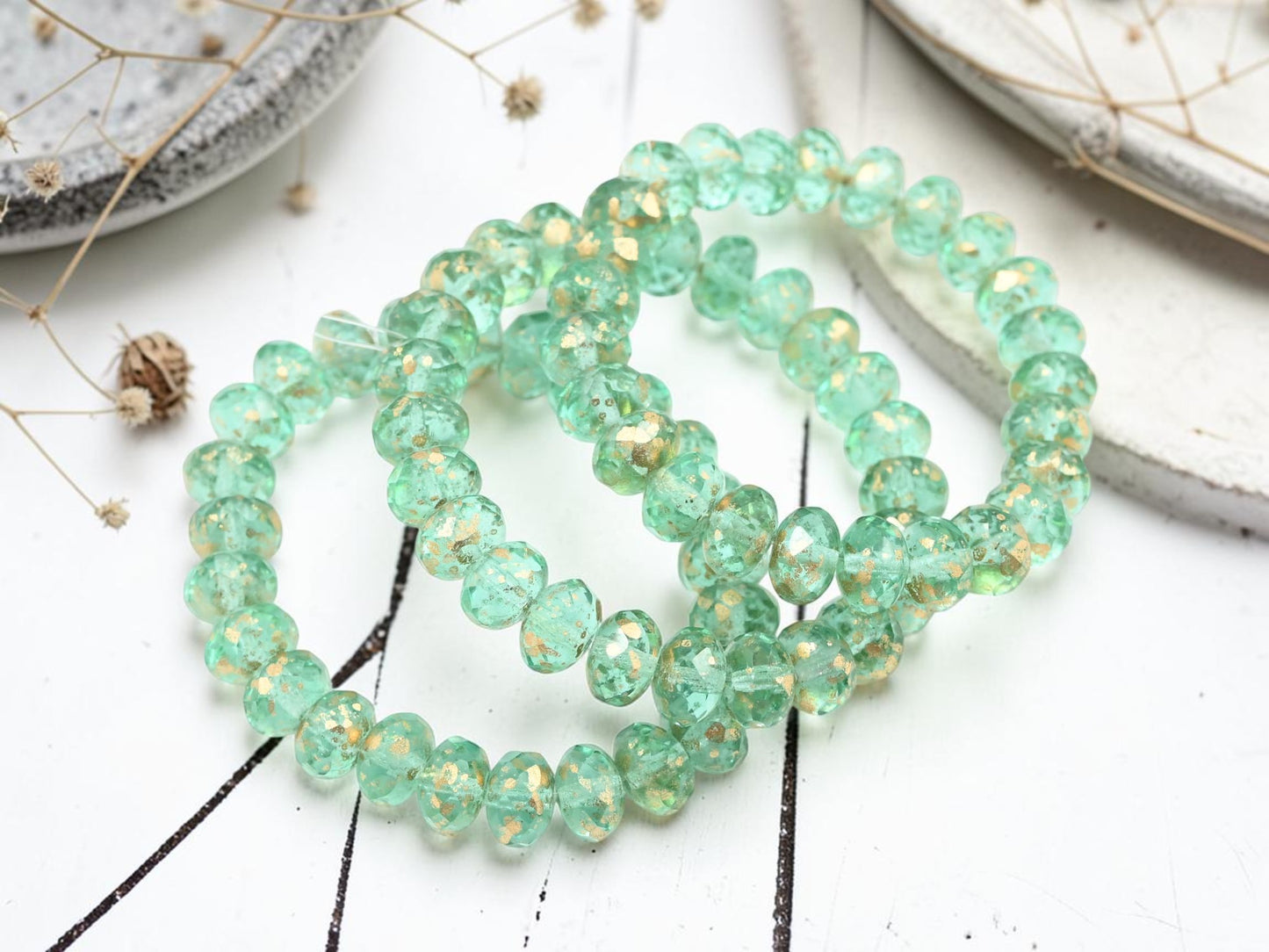 Antique Gold Washed Transparent Green Aqua Fire Polished Rondelle Beads
