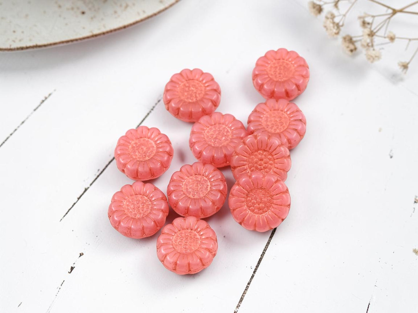 *10* 13mm Copper Washed Pink Opaline Sunflower Coin Beads