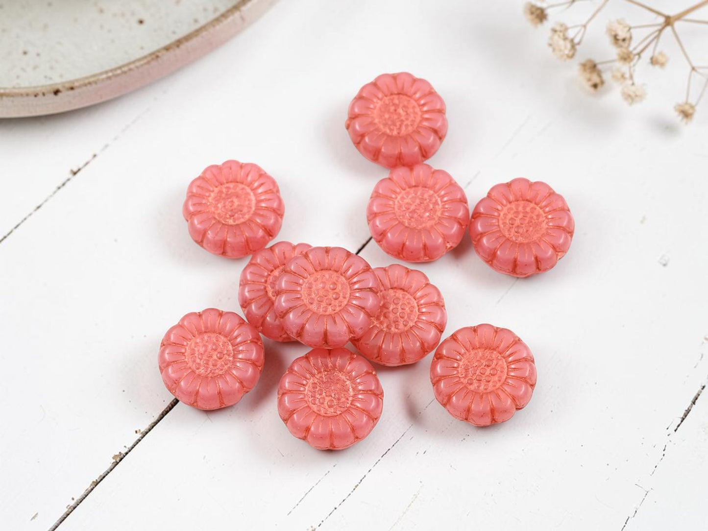 *10* 13mm Copper Washed Pink Opaline Sunflower Coin Beads