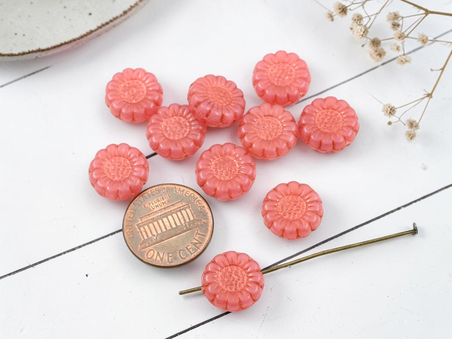 *10* 13mm Copper Washed Pink Opaline Sunflower Coin Beads