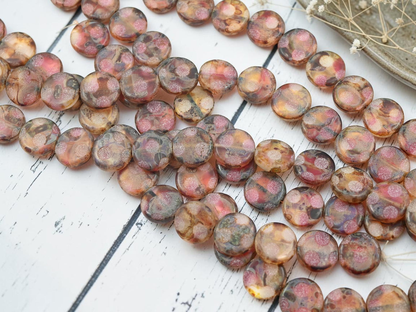 *15* 13mm Crystal Fuchsia Travertine Sandblasted Etched Coin Beads