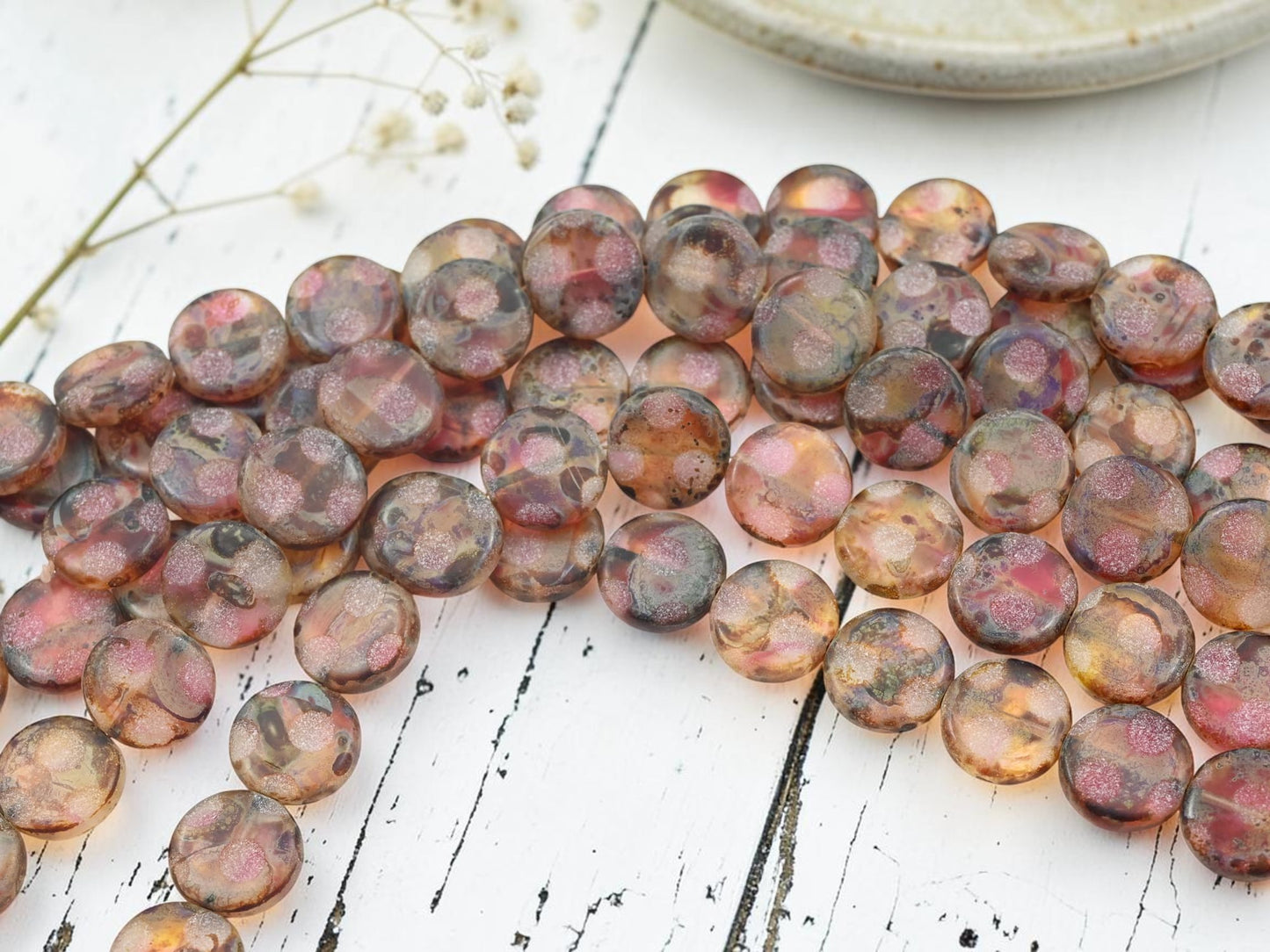 *15* 13mm Crystal Fuchsia Travertine Sandblasted Etched Coin Beads
