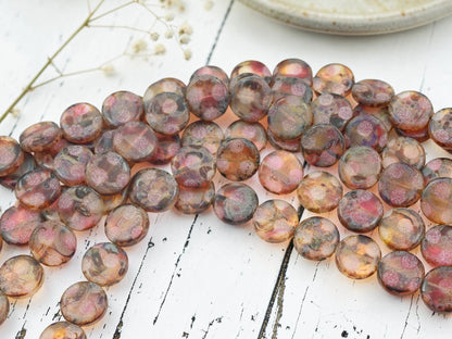 *15* 13mm Crystal Fuchsia Travertine Sandblasted Etched Coin Beads