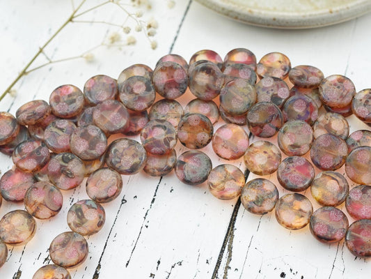 *15* 13mm Crystal Fuchsia Travertine Sandblasted Etched Coin Beads