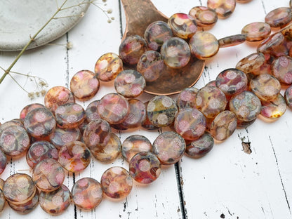 *15* 13mm Crystal Fuchsia Travertine Sandblasted Etched Coin Beads
