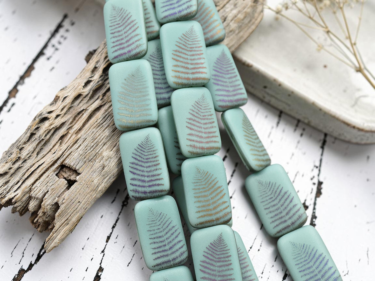 *6* 18x12mm Satin Matte Opaque Turquoise Sliperit Fern Leaf Laser Tattoo Rectangle Beads