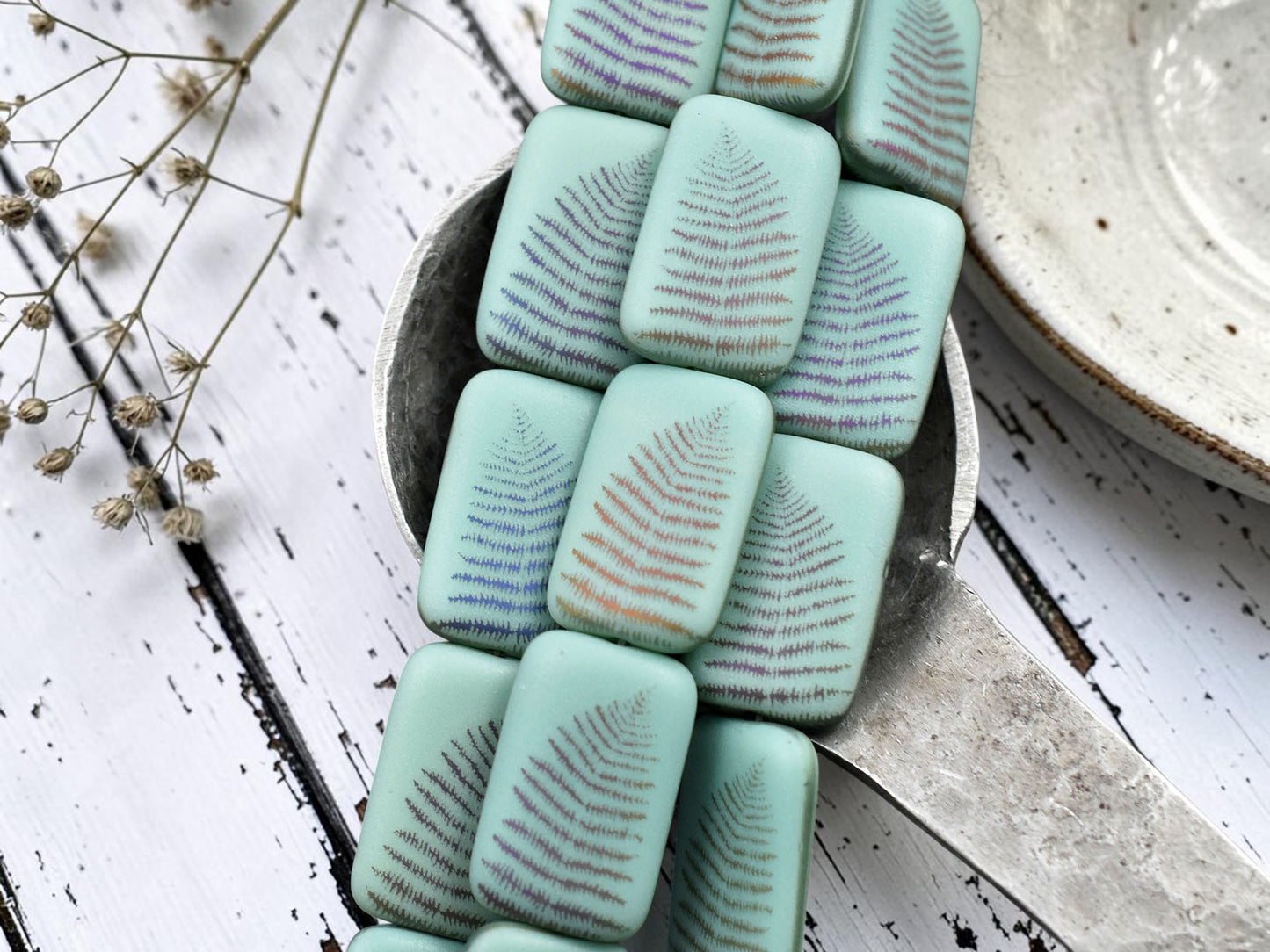 *6* 18x12mm Satin Matte Opaque Turquoise Sliperit Fern Leaf Laser Tattoo Rectangle Beads