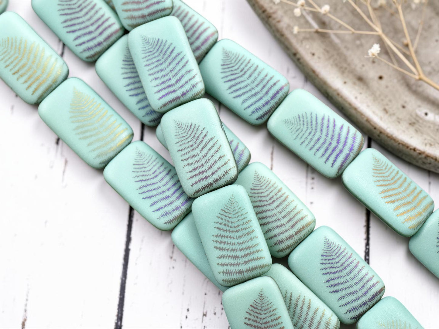 *6* 18x12mm Satin Matte Opaque Turquoise Sliperit Fern Leaf Laser Tattoo Rectangle Beads