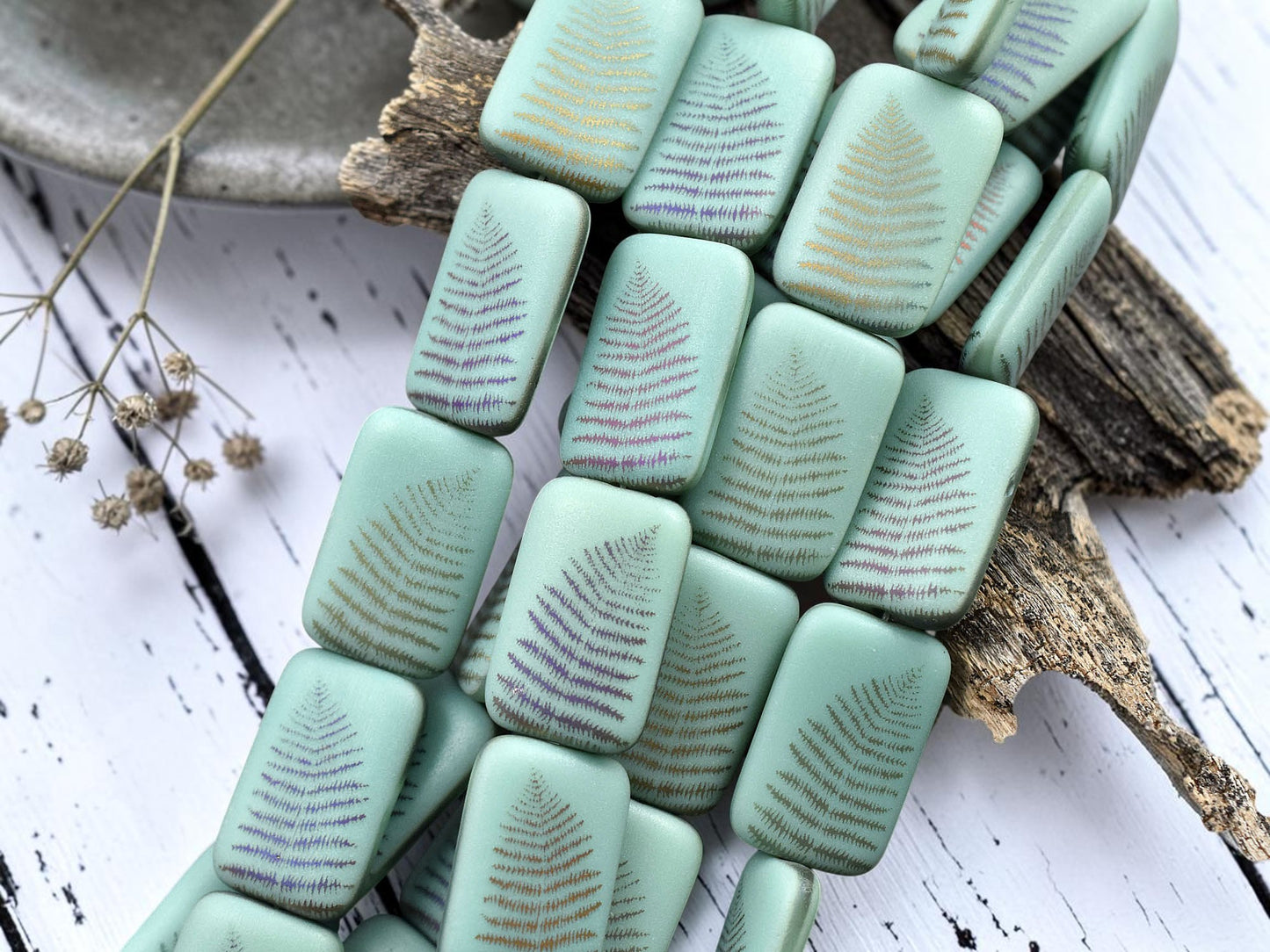 *6* 18x12mm Satin Matte Opaque Turquoise Sliperit Fern Leaf Laser Tattoo Rectangle Beads