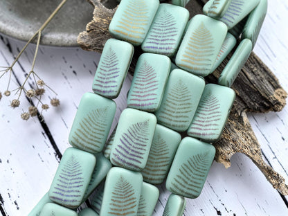 *6* 18x12mm Satin Matte Opaque Turquoise Sliperit Fern Leaf Laser Tattoo Rectangle Beads