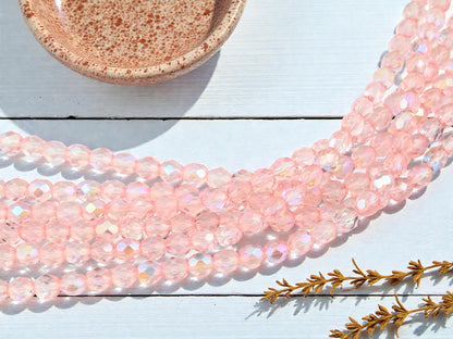 *29* 7mm Translucent Lt Pink AB Fire Polished Round Beads