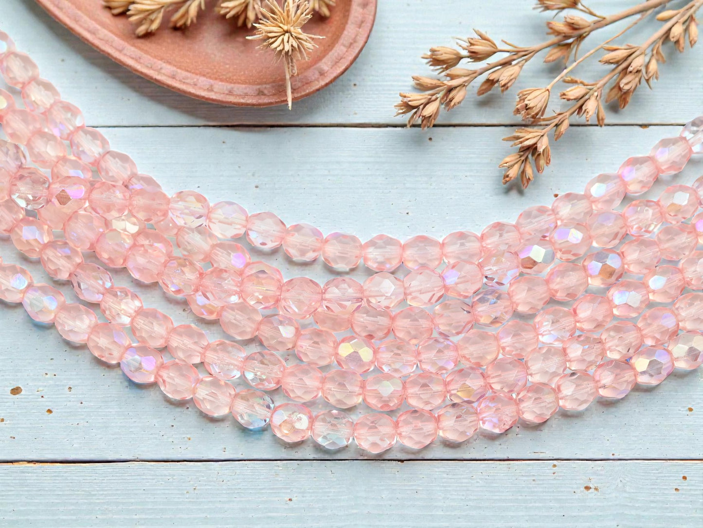 *29* 7mm Translucent Lt Pink AB Fire Polished Round Beads