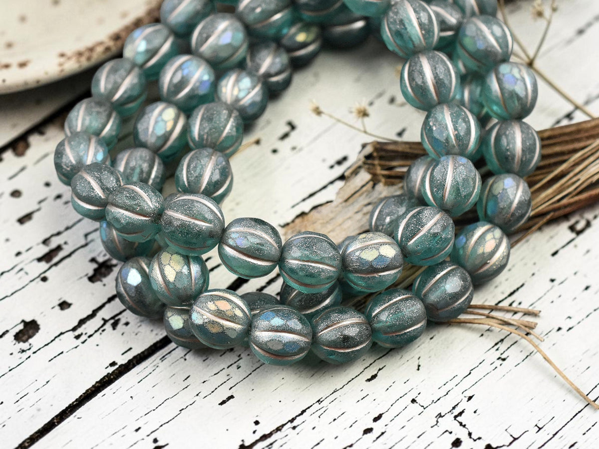 *20* 8mm Metallic Beige Washed Matte Teal AB Faceted Round Melon Beads