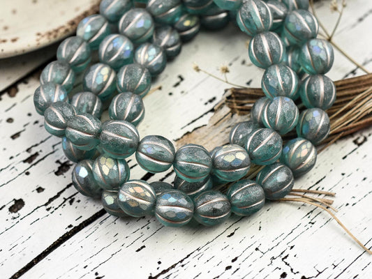 *20* 8mm Metallic Beige Washed Matte Teal AB Faceted Round Melon Beads