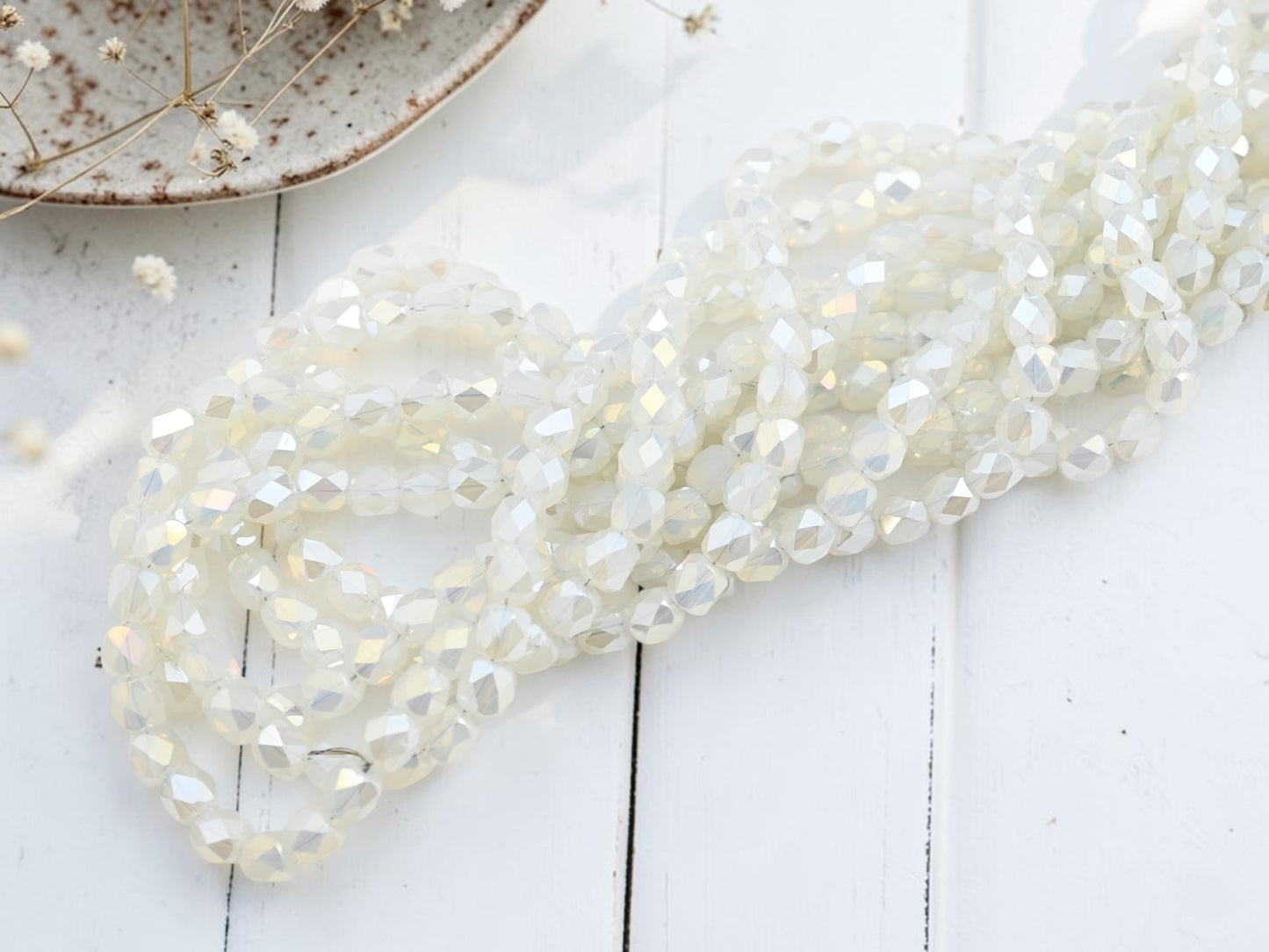 5x6mm Electroplated White Opaline AB Faceted Round Beads (21" Strand)
