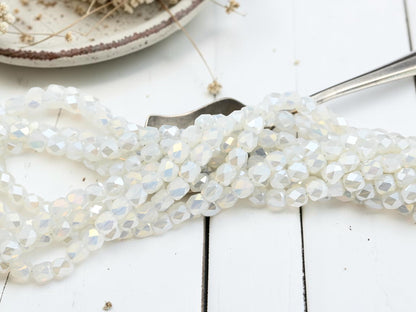 5x6mm Electroplated White Opaline AB Faceted Round Beads (21" Strand)