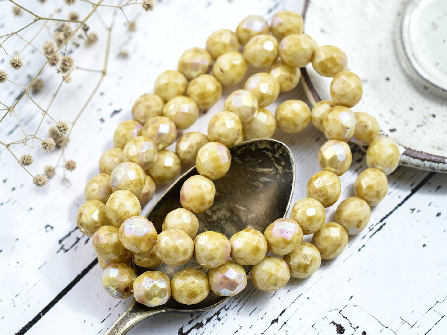 .20* 8mm Opaque Alabaster Picasso AB Fire Polished Round Beads