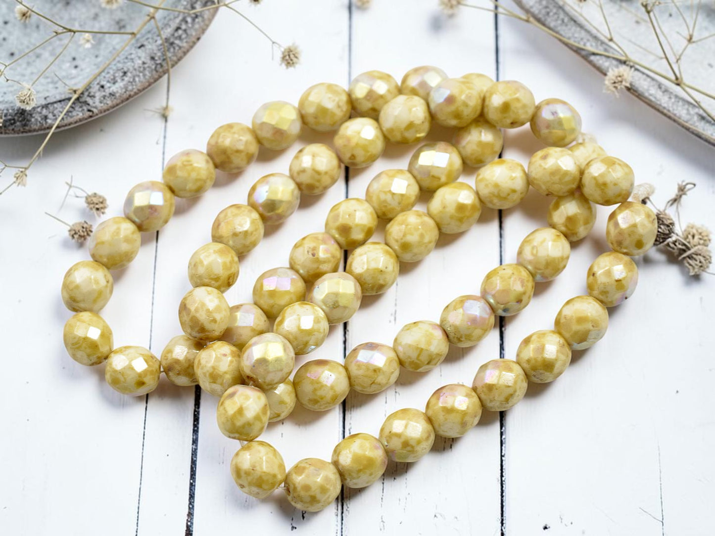 .20* 8mm Opaque Alabaster Picasso AB Fire Polished Round Beads
