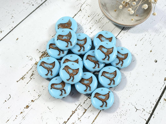 *15* 12mm Bronze Washed Opaque Sky Blue Bird Coin Beads