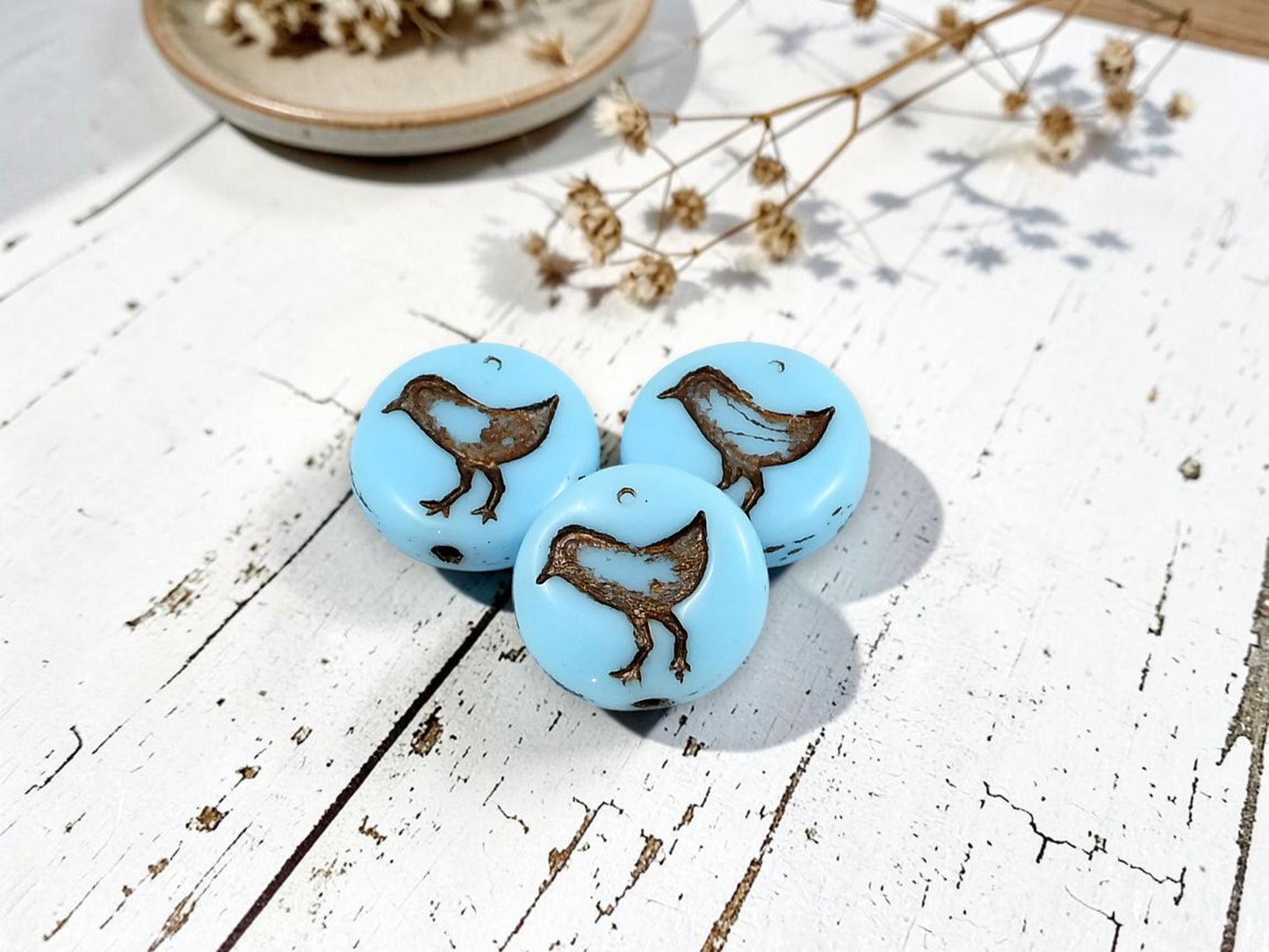 *15* 12mm Bronze Washed Opaque Sky Blue Bird Coin Beads