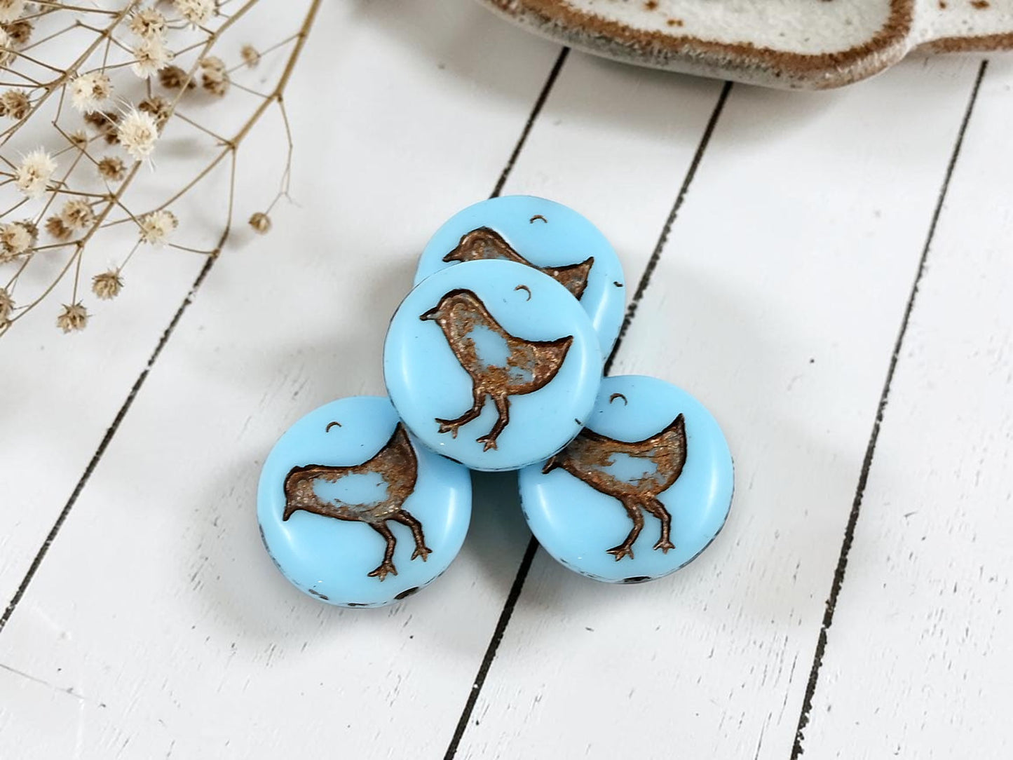 *15* 12mm Bronze Washed Opaque Sky Blue Bird Coin Beads