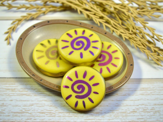 *8* 14mm Opaque Yellow Sliperit Laser Etched Sun Design Coin Beads