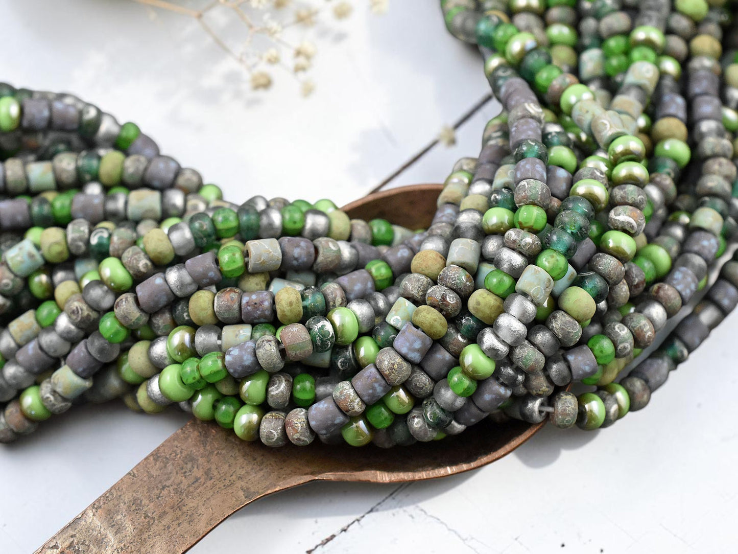 6/0 Aged Matte Green Envy Picasso Seed Bead Tube Mix (20" Strand)
