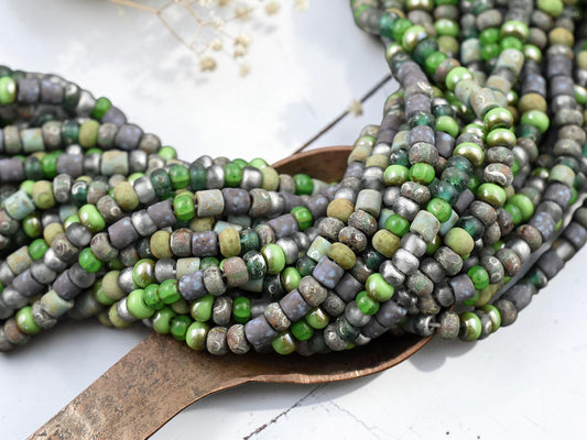 6/0 Aged Matte Green Envy Picasso Seed Bead Tube Mix (20" Strand)
