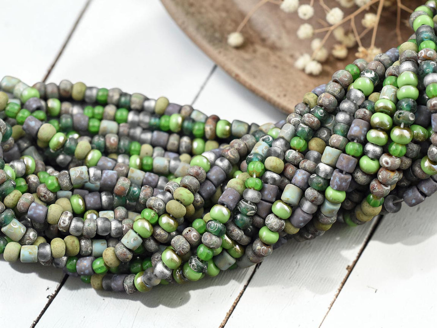 6/0 Aged Matte Green Envy Picasso Seed Bead Tube Mix (20" Strand)