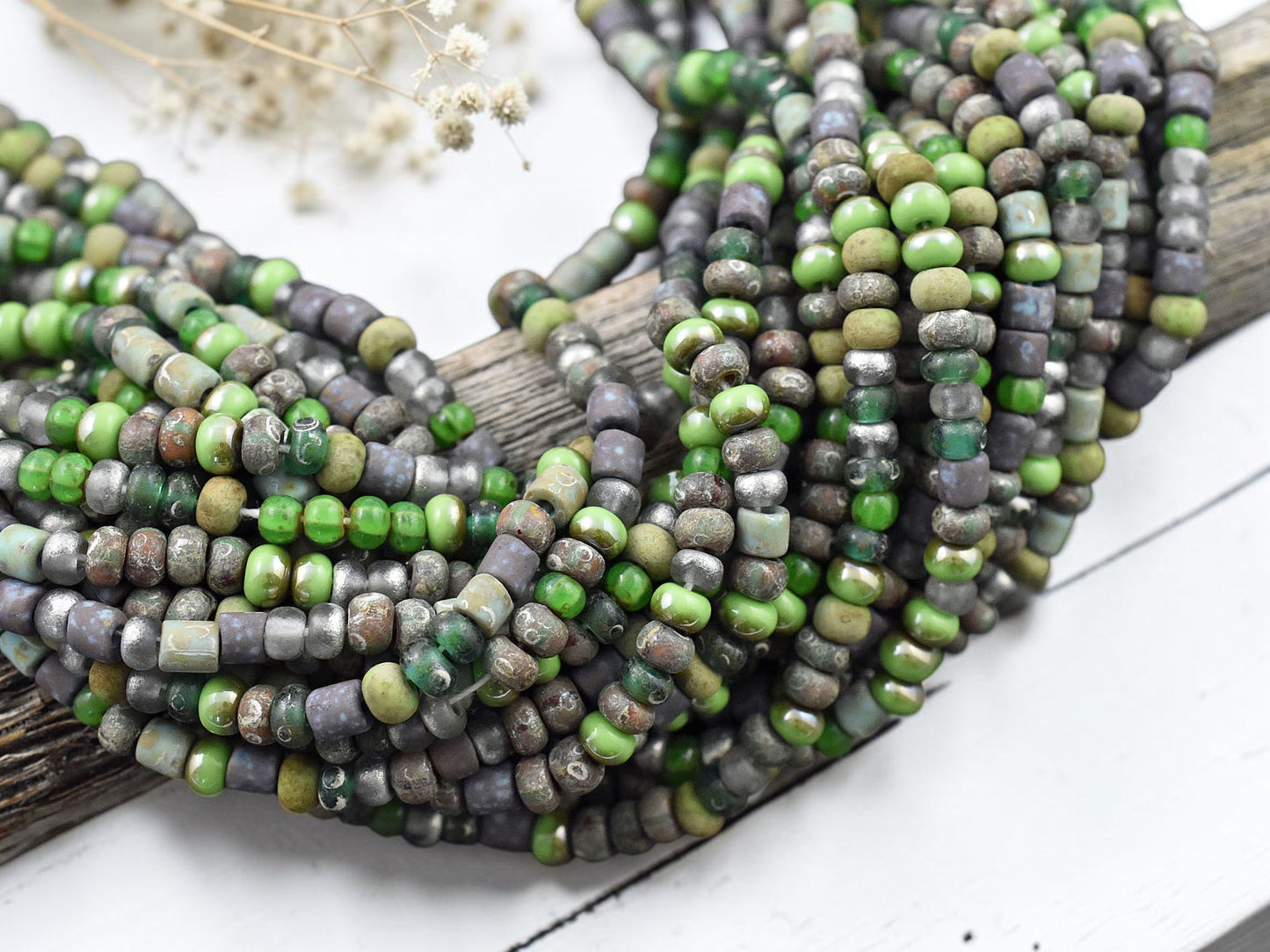 6/0 Aged Matte Green Envy Picasso Seed Bead Tube Mix (20" Strand)