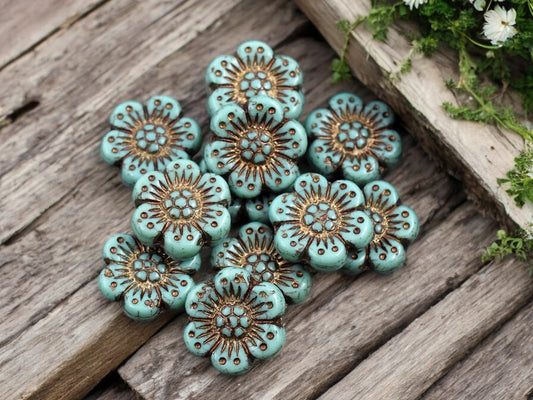 *12* 14mm Dark Bronze Washed Turquoise Wildflower Beads