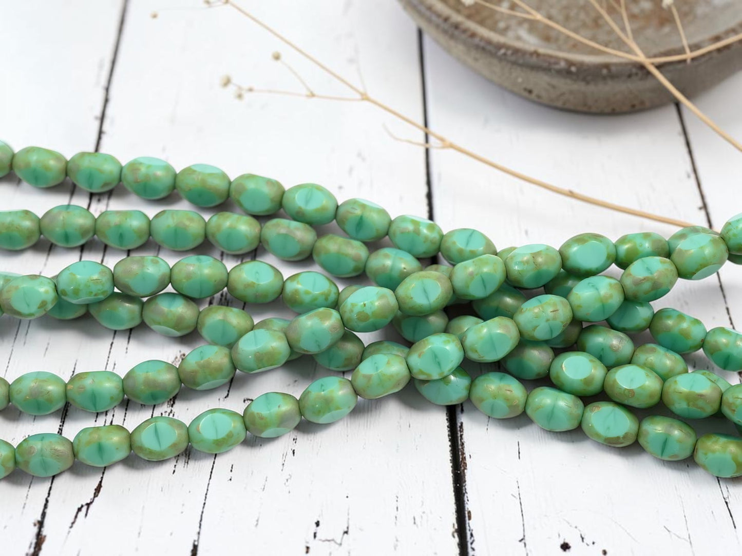 *19* 6x8mm Green Turquoise Picasso Fire Polished Table Cut Oval Beads