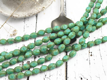 *19* 6x8mm Green Turquoise Picasso Fire Polished Table Cut Oval Beads
