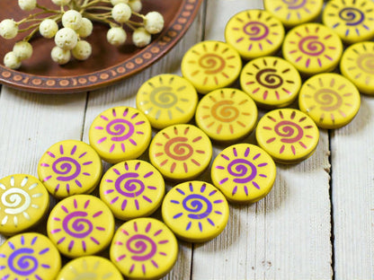 *8* 14mm Opaque Yellow Sliperit Laser Etched Sun Design Coin Beads