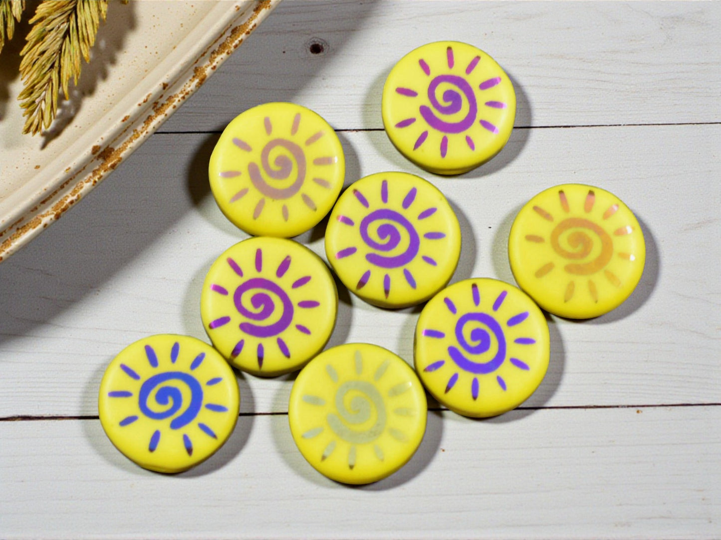 *8* 14mm Opaque Yellow Sliperit Laser Etched Sun Design Coin Beads