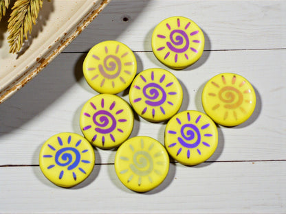*8* 14mm Opaque Yellow Sliperit Laser Etched Sun Design Coin Beads