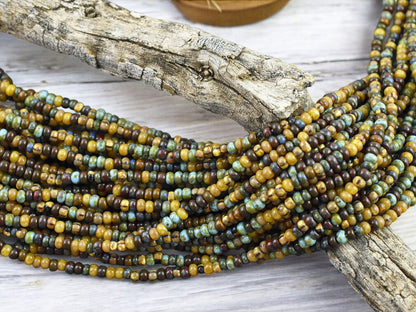 7/0 Aged Caribbean Blue Picasso Czech Glass Seed Bead Mix (21" Strand)