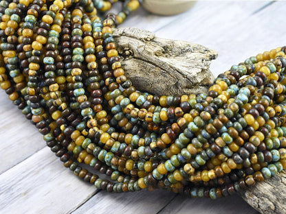 7/0 Aged Caribbean Blue Picasso Czech Glass Seed Bead Mix (21" Strand)