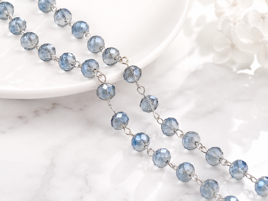 6x8mm Marine Blue Luster Fire Polished Rondelles with Silver Beaded Chain (39.3")