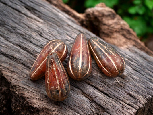 *6* 22x11mm Copper Washed Crimson Amber Picasso Melon Drop Beads
