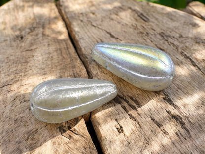 *6* 22x11mm Silver Mercury Washed Grey Opaline AB Melon Drop Beads
