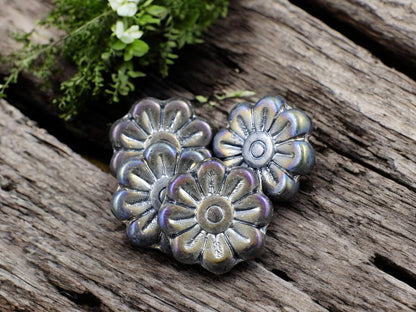 *6* 18mm Metallic Blue Iris Daisy Flower Beads