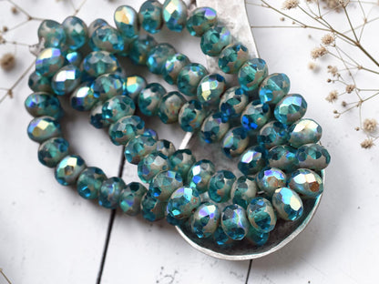 *25* 6x8mm Pacific Blue AB Picasso Fire Polished Rondelle Beads