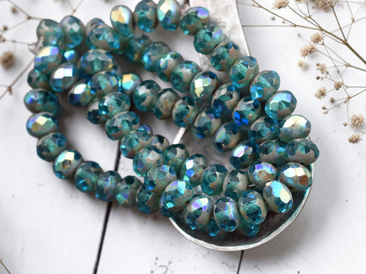 *25* 6x8mm Pacific Blue AB Picasso Fire Polished Rondelle Beads