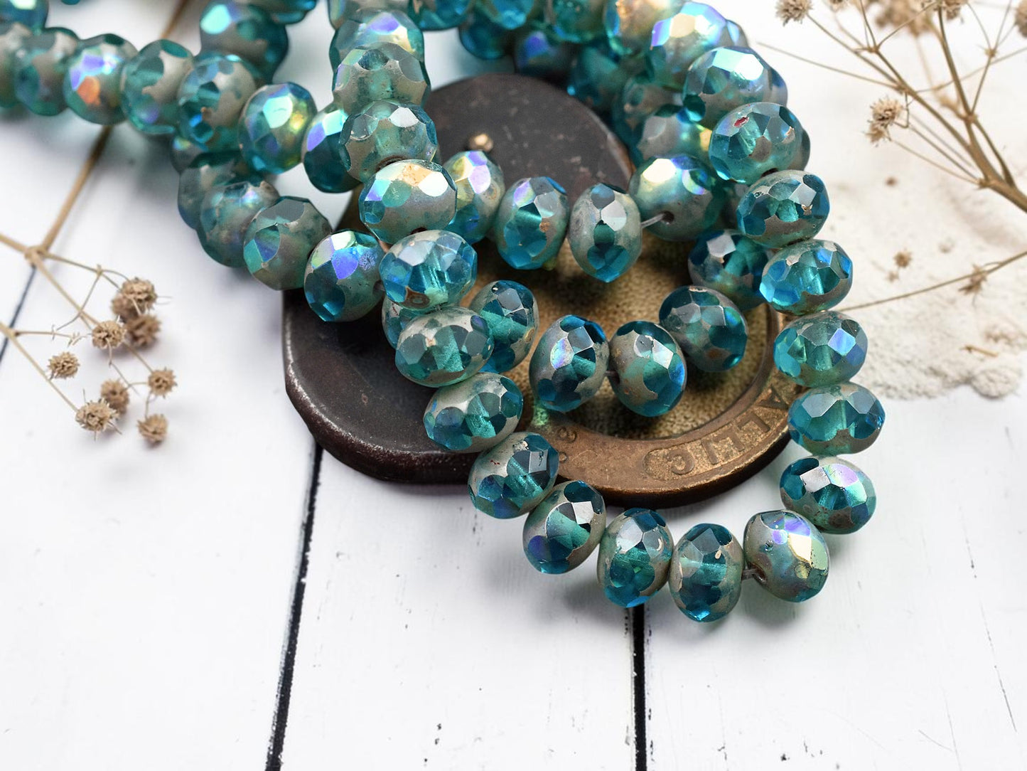 *25* 6x8mm Pacific Blue AB Picasso Fire Polished Rondelle Beads