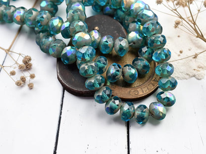 *25* 6x8mm Pacific Blue AB Picasso Fire Polished Rondelle Beads