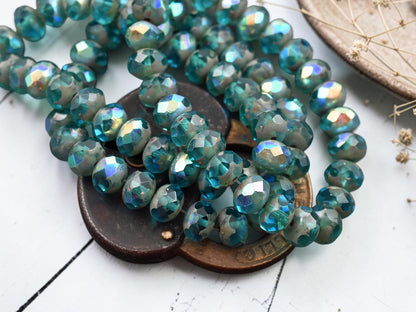*25* 6x8mm Pacific Blue AB Picasso Fire Polished Rondelle Beads