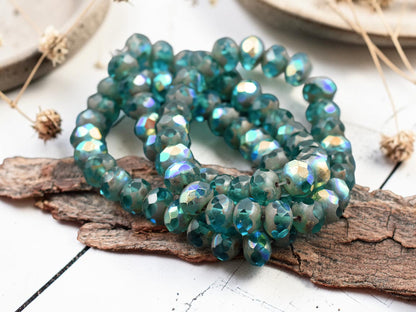 *25* 6x8mm Pacific Blue AB Picasso Fire Polished Rondelle Beads